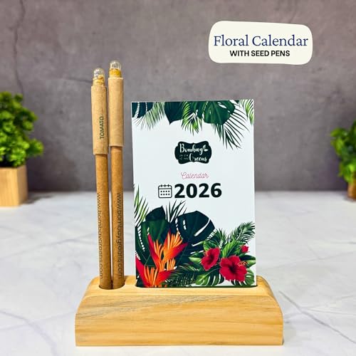 Image of 2026 Eco-Friendly Desk Calendar with Wooden Stand & Plantable Seed Pens - Sustainable 2026 Calendar Planner for Home & Office - Zero Waste New Year Gift & Grow Your Own Plant Kit by Bombay Greens