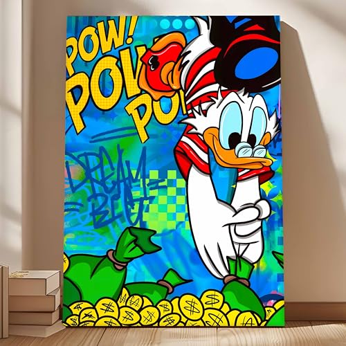 Image of Pop Art Cartoon Duck Money Wall Painting | Comic Graffiti Style Stretched Canvas Art Print| Modern Street Wall Art for Home & Office, 56x86 cm