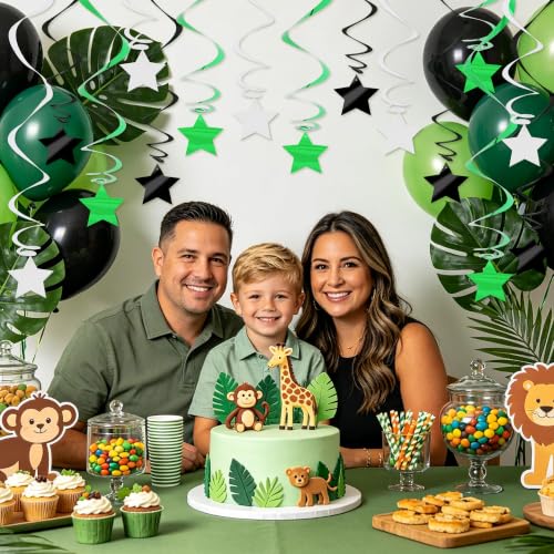 Image of BEISHID Green and Black Stars Hanging Swirls Pre-Strung Stars Hanging Decorations for Wedding Baby Shower Bridal Graduation Green Birthday Decorations Supplies,Pack of 15