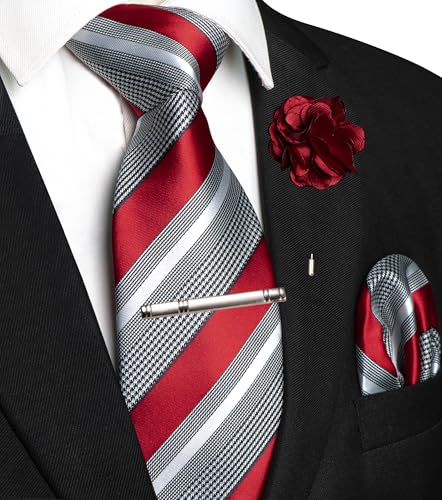 Image of JEMYGINS Mens Striped Tie and Lapel Pin Necktie Pocket Square and Tie Clip Sets for Business Casual 4PCS
