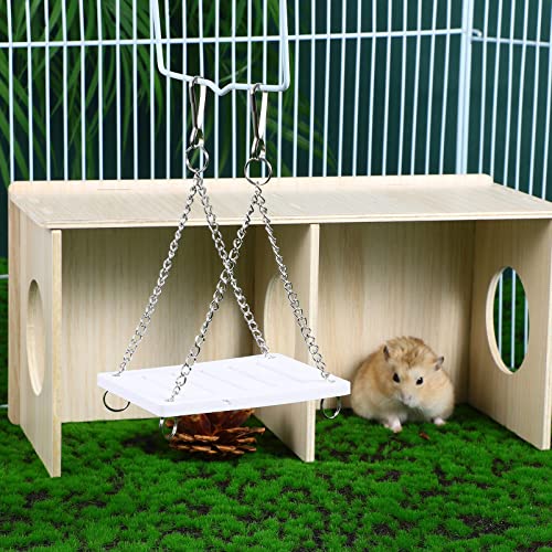 POPETPOP Hamster Hide 2 Pieces Hamster Wood House with Hanging Natural Wooden Swing Set Guinea Pig Toys Hiding House for Small Animals Habitat Decor - Image 3