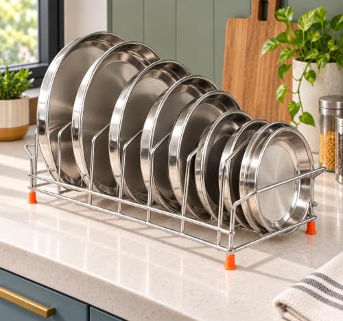 Image of Zepdos Stainless Steel Plate Stand for Kitchen | 8 Slot Plate Rack & Dish Organizer | Rust Resistant Plate Holder with Non-Slip Feet | Compact Space Saving Kitchen Storage Dish Rack