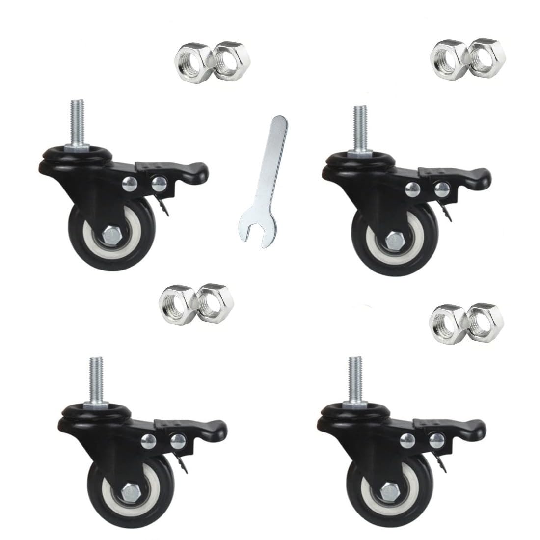 1.5 Inch Heavy Duty Caster Wheels Swivel Casters with Brake and M8 Threaded Stem, Loading 50kg/110lbs Black Rubber，Set of 4 (Free Screws and a Spanner