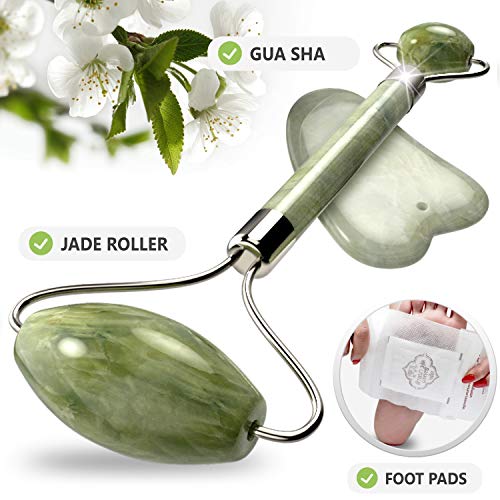 AVA Jade Face Roller - Gua Sha Scraping Massage Tool - Jade Roller for Face Wrinkles - Himalayan Anti-Aging Puffiness Facial Skin Massager Therapy - Natural Amethyst Crystal Jade Stone