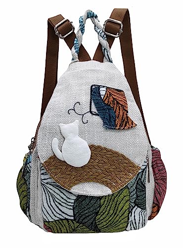 Image of Women's Cotton Hemp Cloth Backpack Boho Vintage Embroidered Casual Purse Handbag Messenger Bag with Cat Design