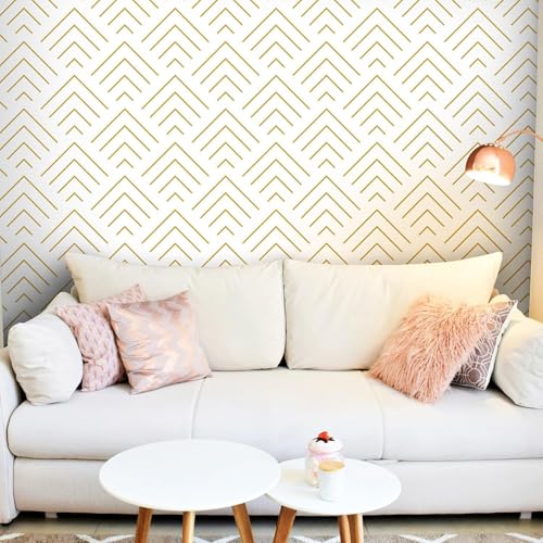 Image of TEKCOOL Self Adhesive Wallpaper White and Gold Pattern Peel and Stick Wallpaper Gold Lines Geometric Sticky Back Vinyl Removable Contact Paper Wall Covering Decorative Film DIY 45x300cm (White-2pc);
