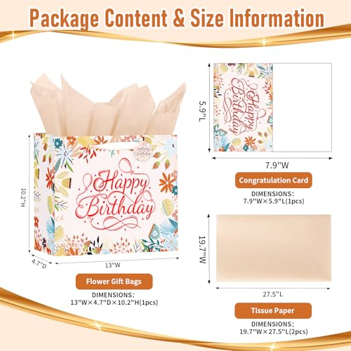 Image of Powbrace 13 inch White Happy Birthday Gift Bag with Tissue Paper and Greeting Card for Patry, Happy Birthday Gift Bag for Men Women,Gift Bags Medium size(1 PCS Flower Gifts Bag)