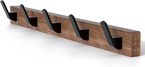 IURRDOP Perchero de pared de madera de nogal negro con 5 ganchos, ganchos de entrada decorativos rústicos montados con adhesivo, clavijas de madera