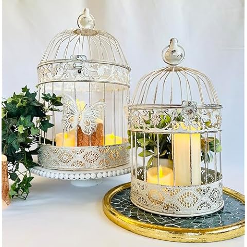 Set of 2 White Metal Birdcage Lanterns Cover