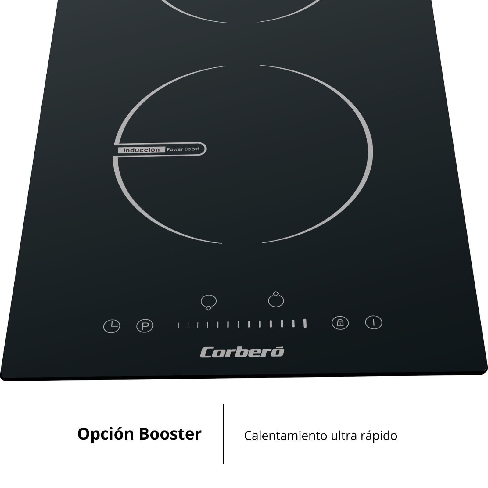 Corberó - Piastra a induzione Domino | CCIG236DI | 2 Zone | 3680W | Booster | Controllo touch Slider | Timer 99 min | Sicurezza dei bambini | Vetro Ilva Glass | Nero