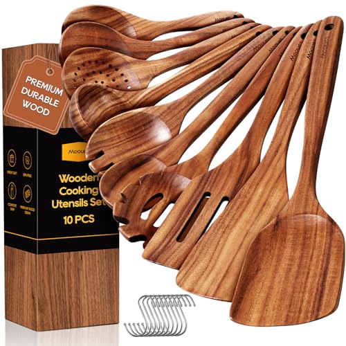 Comparison: Best Cooking Utensils For Ceramic Cookware 3 Wooden Spoons for Cooking, 10PCS Teak Wood Cookware Utensil Set with Hooks - Smooth Finish, Non-Stick, Comfortable Grip, Heat Resistant Kitchen Utensils