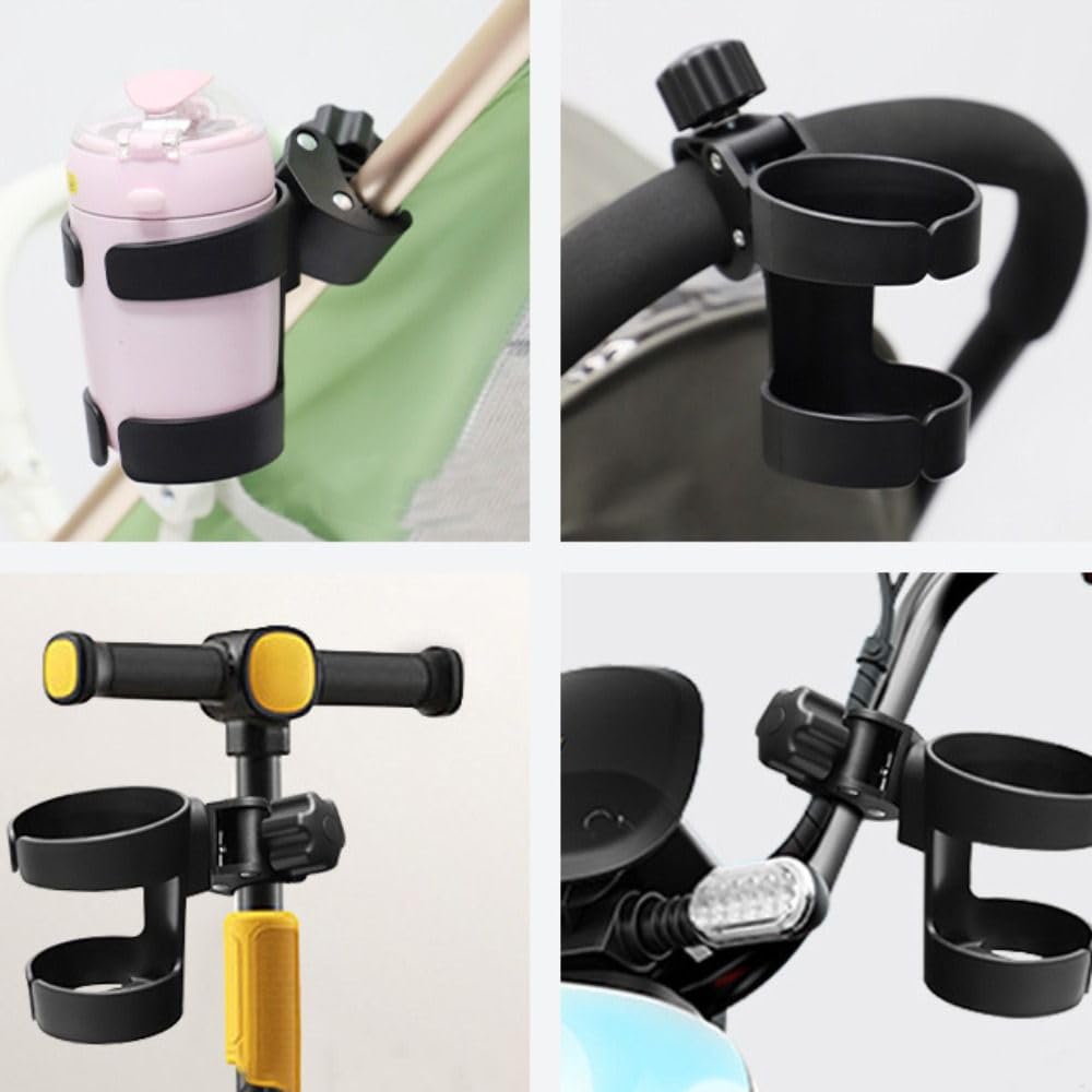 Portabicchier per Passeggino Universale, Antiscivolo, Rotazione a 360°, Portabottiglie per Biciclette, Carrellini, Deambulatori e Sedie a Rotelle (Nero)