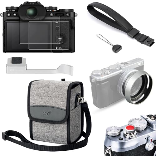 JJC 富士フィルム X100VI X100V 対応 カメラアクセサリーキット 7 in 1 Fuji Fujifilm 液晶保護フィルム 2枚セット 金属サムグリップ レンズフード LH-X100 互換 リストストラップ カメラポーチ ソフトレリーズ シ