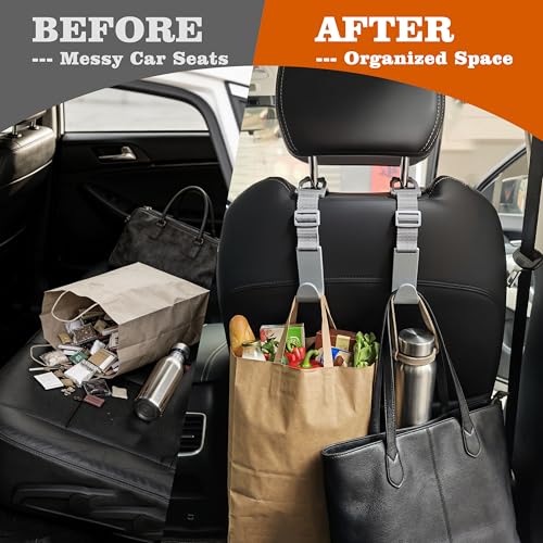 Image of Amooca Anti-drop Car Headrest Hooks 4 Pack Seat Organizer for Bags | Universal Fit Cars SUV Truck, Adjustable, Holds Backpack Water Bottle Handbags Groceries, 40lb Heavy Duty, Clip Design