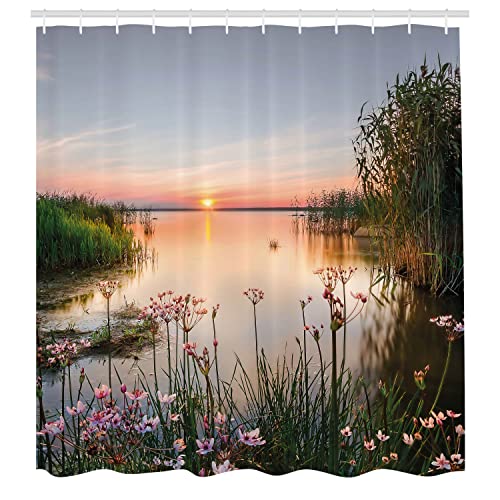 Ambesonne Nature Shower Curtain, Sunset At Chudskoy Lake Estonia View Spring Flowers Landscape Photo, Cloth Fabric Bathroom Decor Set With Hooks, 69" W X 70" L, Pale Blue Pale Pink #TOP22