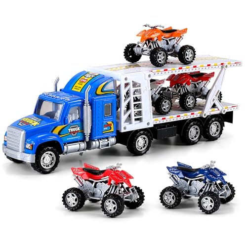 Liberty Imports Auto Hauler Big Rig Toy Semi Truck Car Carrier Transporter Trailer 1:48 Scale Friction Powered Wheeler Vehicle with 4 ATVs Dirt Bike (Assorted Colors)