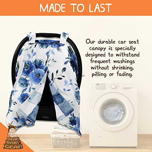 Image of Dear Baby Gear Floral Baby Car Seat Canopy with Snap Button Opening - Newborn & Toddler Carseat Cover - Nursing Covers - Infant Chair Essentials (Watercolor Roses /Blue Watercolor Plaid, 40 inch x 30 inch)
