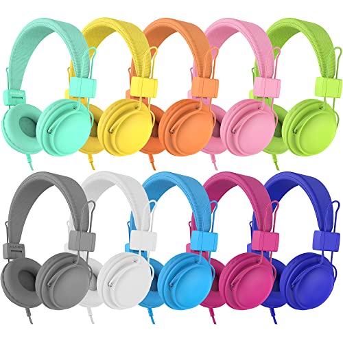 AILIHEN HD850 Classroom Headphones Bulk 10 Pack for Kids K-12 Students, School Wired Headphones with Microphone & 85dB Volume Limited & Sharing Function & Reward Stickers for Chromebook (Multicolors)