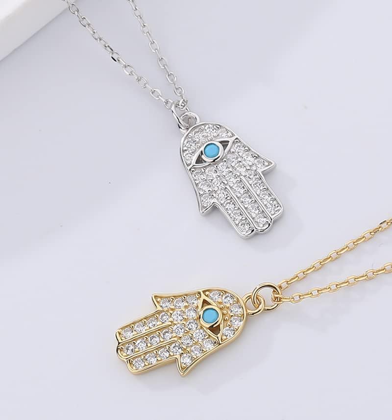 14K Gold Moissanite Hand of Fatima Necklace, Turquoise Evil Eye Pendant Necklace, Birthday, Mother's Day Gift for Mother, Wife, Girlfriend - Image 4