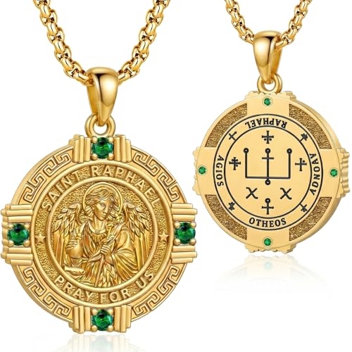 DRINSPER St Raphael The Archangel Medal Necklace Healing Archangel Raphael Pendant for Men Women 925 Sterling Silver 18K Gold Plated Catholic Amulet Religious Protection Jewelry Gifts