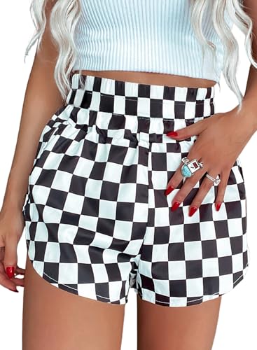 Women's High Waisted Checkered Shorts - Black, Regular, High Rise, Loose Fit, Gym/Running/Yoga, Checkered Pattern