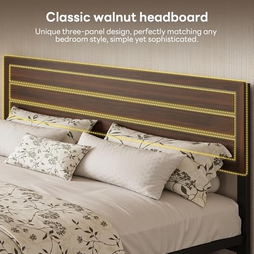 Image of LIKIMIO King Bed Frame and Headboard, Mid-Century Modern King Platform Bed, Heavy Duty Silent Metal Slats, No Box Spring Needed, Noise-Free, Dark Walnut