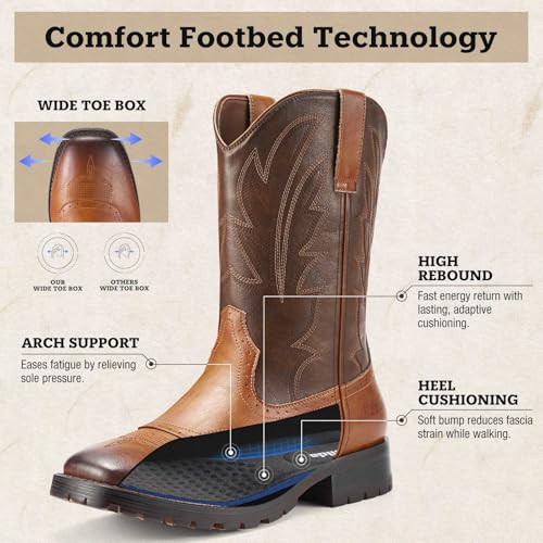 Image of Rollda Cowboy Boots for Men Western Boots Men's Square Toe Chunky Heel Mid-Calf Boots Classic Embroidered Pull On Boots