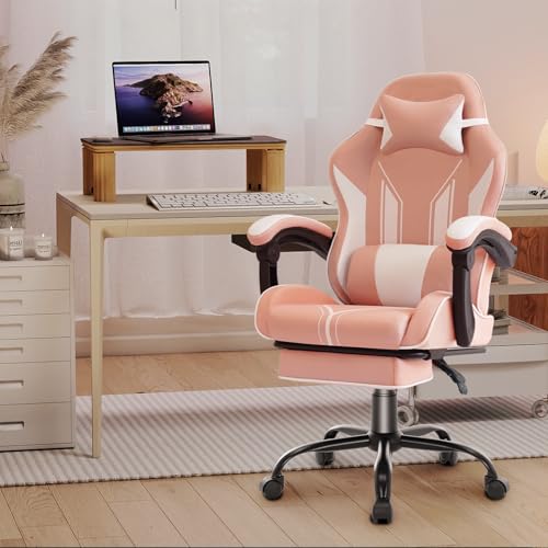 NSMAZXO Chaise Gaming Ergonomique-135° Réglable,Coussin Lombaire/Tête-Fauteuil Bureau Gaming avec Repose-Pieds,360° Rotatif-PC/Jeu/Bureau-Adulte/Enfant-Tissu Technologique(Rose)
