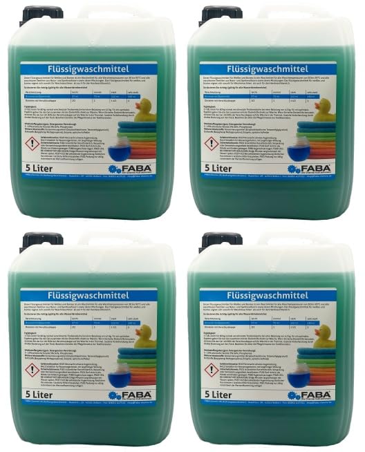 FABA Flüssigwaschmittel Konzentrat 4 x 5 L, grün, Universal Color frisch angenehm, gratis Auslaufhilfe