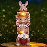 LXOUMEI Solar Bunny Statues Outdoor Decor, Garden Sculptures with Welcome Sign Funny Rabbit Figurines for Yard Art Lawn Ornaments Porch Patio Balcony - Birthday Gifts for Women Mom Grandma