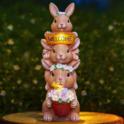 LXOUMEI Solar Bunny Statues Outdoor Decor, Garden Sculptures with Welcome Sign Funny Rabbit Figurines for Yard Art Lawn Ornaments Porch Patio Balcony - Birthday Gifts for Women Mom Grandma