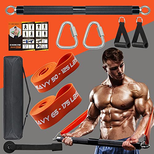 DASKING 500LBS Extra Heavy Home Gym Resistance Band Bar Set with 2 Resistance Bands Levels, Portable Full Body Workout Equipment Exercise Bar Kit，Workout Guide Included (Black)
