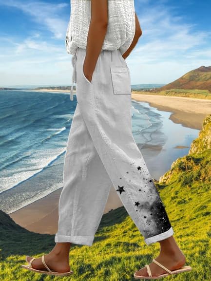 Womens Fashion 2024 Summer Casual Star Printed Palazzo Pants Loose Elastic Waist Cotton Trouser Flowy Leg Pants - Image 3