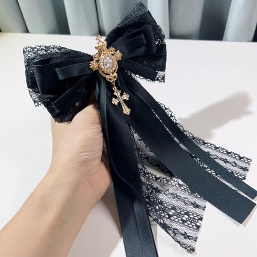Image of Lace Ribbon Bow Tie Brooch Rhinestone Pearl Necktie for Girl Women Fashion jabot collar brooch pins Pre-Tied Corsage
