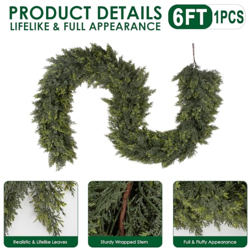 Image of Hananona 6FT Artificial Cedar Garlands, Real Touch Soft Cedar Pine Garland, Winter Artificial Greenery Garland for Fireplace Mantel Staircase Porch Table Indoor Home Decor (1, Dark Green, 6FT)