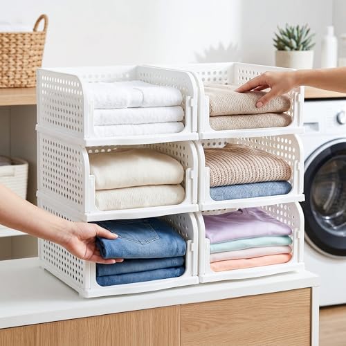 Image of VERAT 6 Pieces Storage and Organisers /Wardrobe Organizer Storage /Plastic Wardrobe /Cloth Adjustable for Foldable /Clothes Organizer Foldable Shirt /Almirah /Cupboard /Cupboard Stackbale Clothes(White)