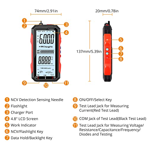 Neoteck Usb Rechargeable Multimeter 6000 Counts Digital Voltmeter With 4.8'' Lcd Screen Auto-Ranging Multi Tester Capacitance Resistance Frequency Diode Live Check Voltage Tester #TOP3
