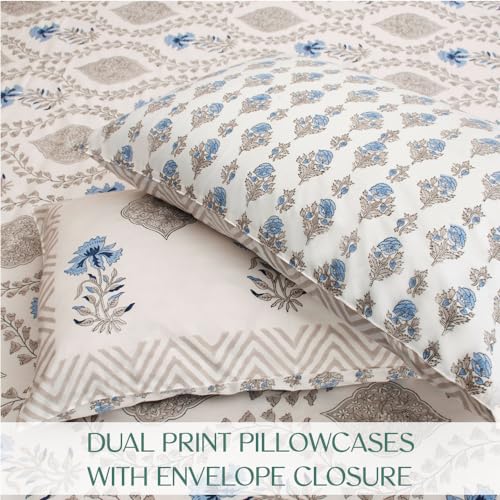 Image of Premium Bedsheet with 2 Pillow Covers I Hand Block I Pure & Soft Percale Cotton I 300 TC I 90x108 inches (King Size Double Bed Bedcover) I Floral Pattern I Blue & Grey