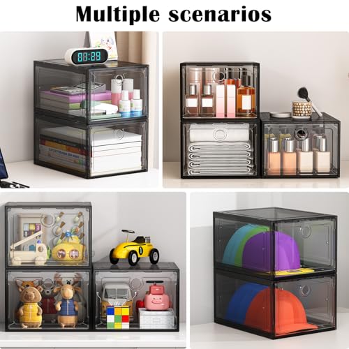 Image of ARSTPEOE 6-Pack Black Shoe Storage Boxes Magnetic Stackable | Upgraded Harder Material, Stackable Space-saving, Fits Sneakers & Boots, Clear Magnetic Front Door