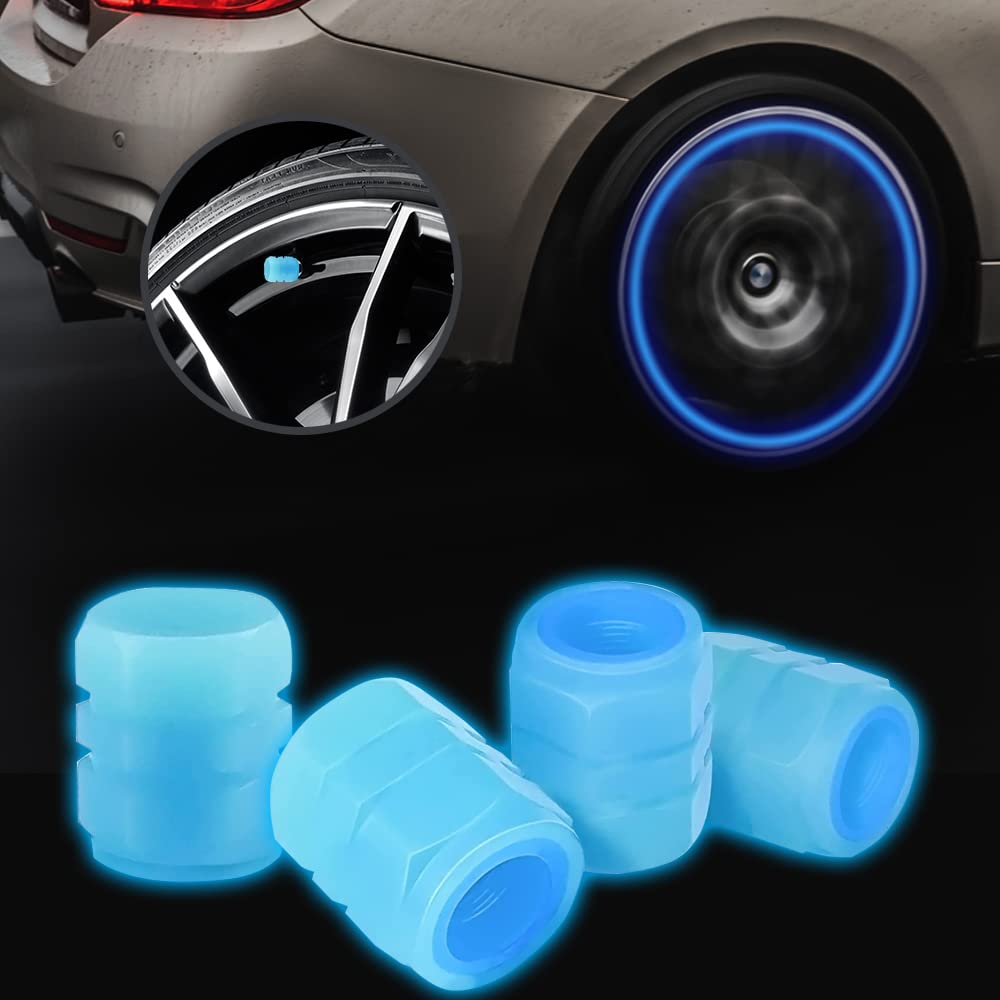 Reswish4PCS Luminous Valve Stem Caps,Universal Car Fluorescent Tire Valve Caps,Luminous Tire Valve Stem Caps Glowing Tire Valve Stem Caps Fashion Stem Cover Glowing at Night (Blue)