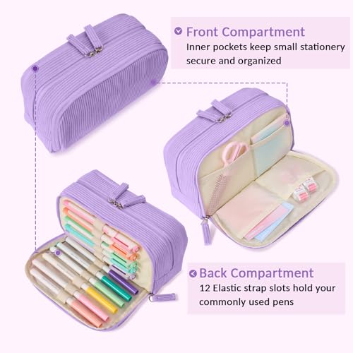 Image of Sooez Big Capacity Pencil Case Pen Pouch, Soft Corduroy Pencil Bag with 3 Compartment, Multiple Pockets, Sturdy Zipper, Cute School Supplies Pen Bag Organizer For Teen Girls College, Purple