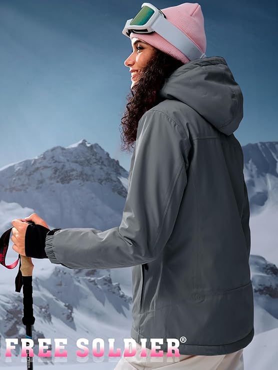 FREE SOLDIER Damen Winterjacke Wasserdicht Atmungsaktiv Warme Fleece Gefütterte Ski Jacke Outdoor Winterregenjacke mit Kapuze und Vollständig Versiegelte Nähte (Grau,S)