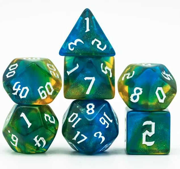Epic Forge -Set of 7 Resin Dice in Box - Green and Blue Glitter