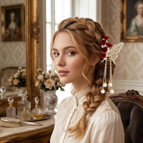 Pinza para cabello con perlas y flores de terciopelo miniatura 7