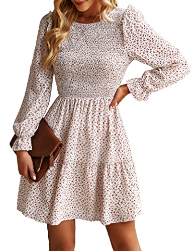 KIRUNDO Long Sleeve Dress for Women 2025 Summer Fall Wedding Guest Smocked Floral Crewneck Ruffle A Line Flowy Mini Dress