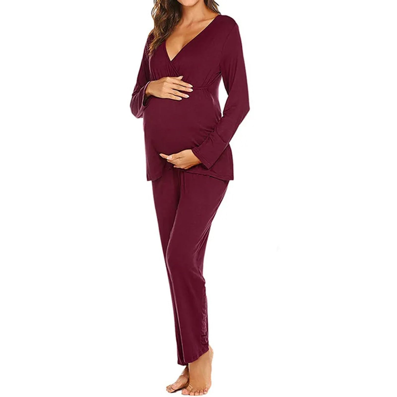 Ensemble de Pyjama Maternité Coton Pyjama de maternité Couleur Unie Longue Vêtements de Nuit Grossesse Pyjama Chaud Allaitement