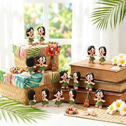 Qunclay 50 Pcs Mini Hula Girl Statue Figurines Hawaiian Hula Dancer Statue Decor 1.85 Inch Summer Table Centerpieces for Beach Lovers Hawaii Party Gifts
