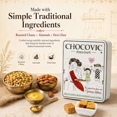 Image of Chocovic Roasted Chana Burfi 800 g Tin Box - Authentic Punjabi Sweet, Traditional Indian Mithai Made with Roasted Chana, Fresh & Delicious Dessert with No Added Preservatives