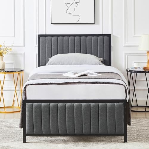 VECELO Twin Bed Frame with Upholstered Tufted Headboard & Footboard, Heavy Duty Steel Slats Platform, No Box Spring Needed, Grey