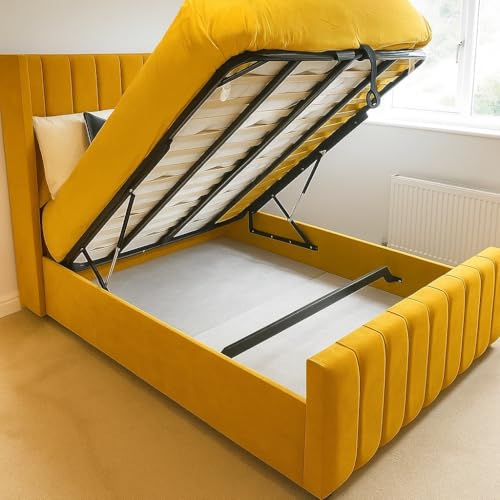 Ottoman Bed Frame with Gas Lift Storage - Plush Velvet Upholstered - Single Double Kiing Super King - Hand Made in UK (Mustard Plush, Single 3ft)